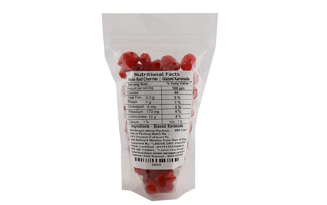 Leeve Dry fruits Whole Red Cherries Glazed Karonada   Pack  400 grams
